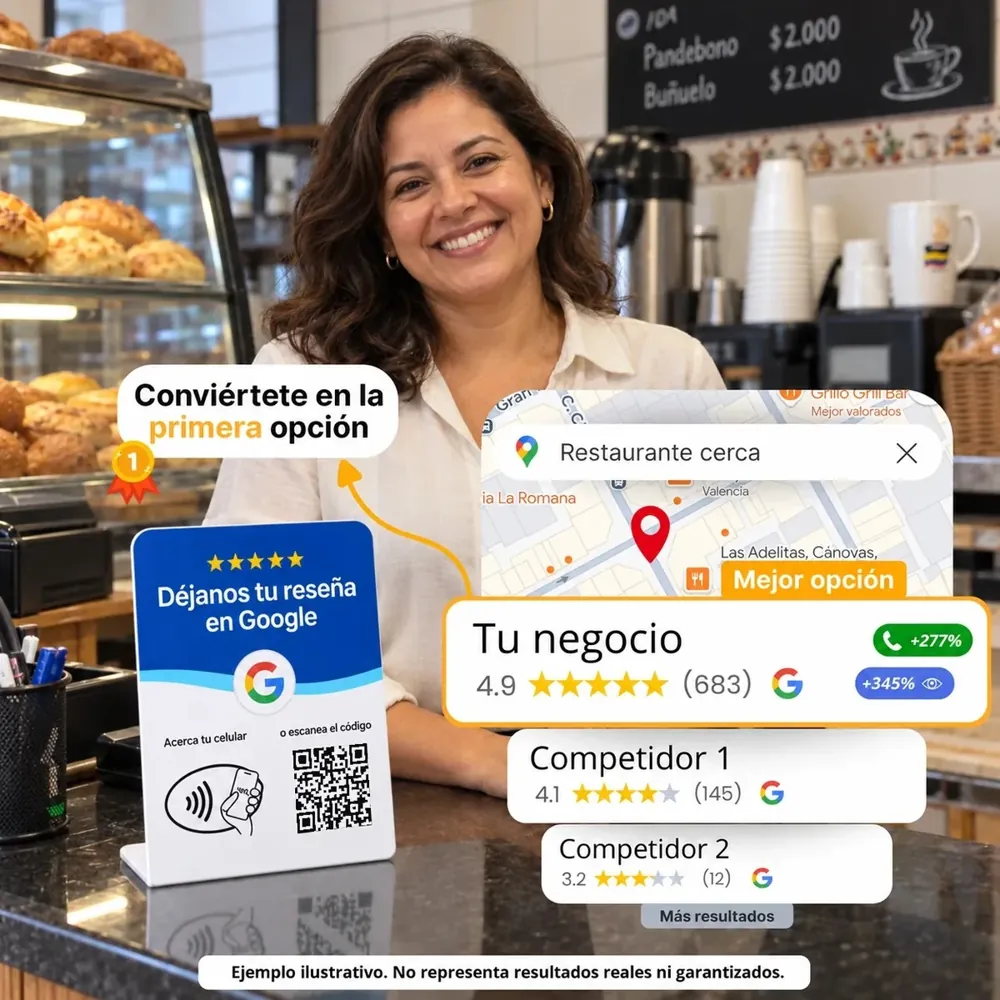 Dueña de una panadería con la tarjeta en el mostrador y su negocio de primera opción en Google Maps (ejemplo ilustrativo)