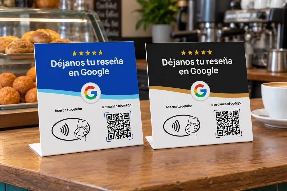 Dos tarjetas de pie en el mostrador de una panadería