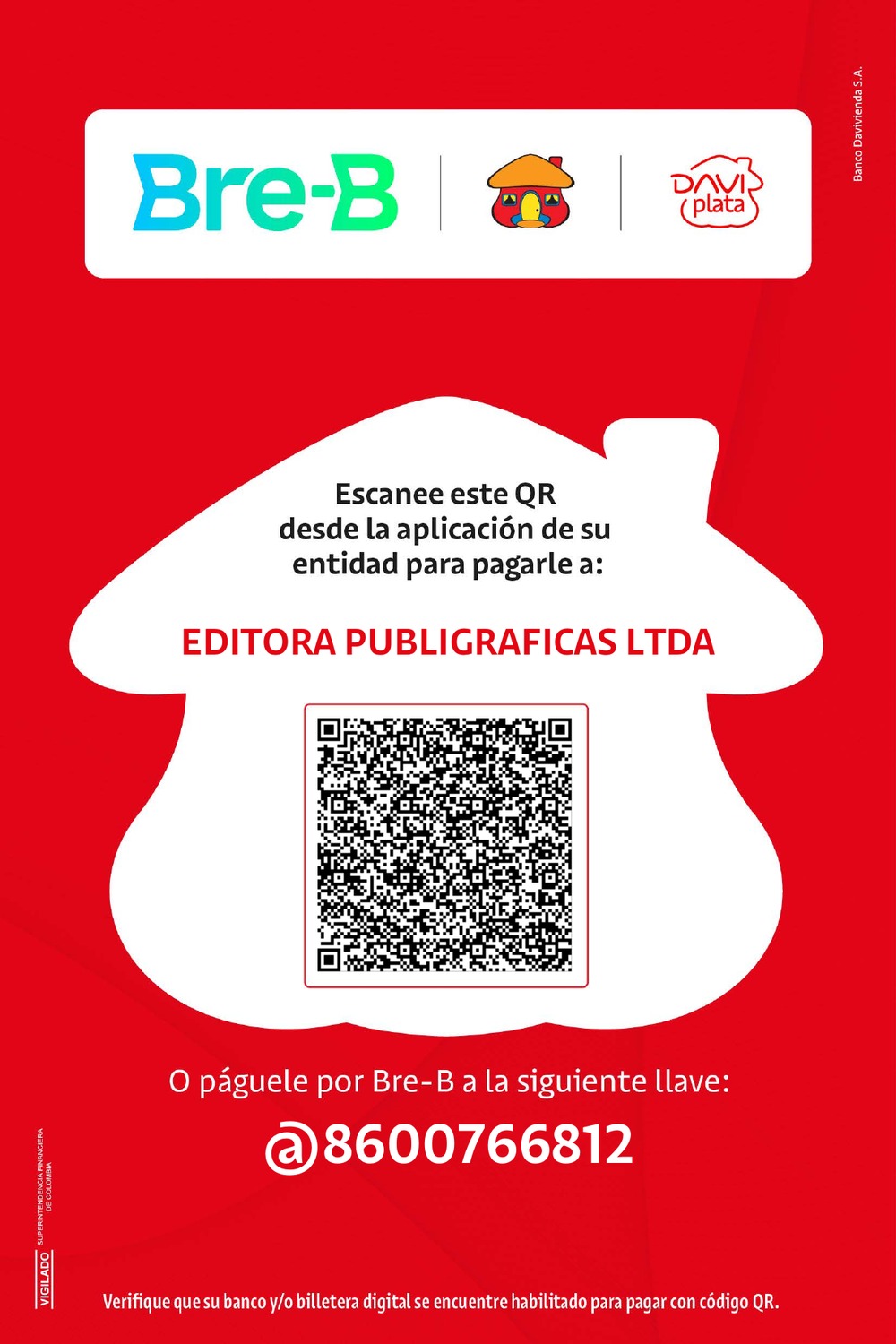 QR Bre-B de Davivienda para pagarle a Editora Publigráficas Ltda, llave @8600766812